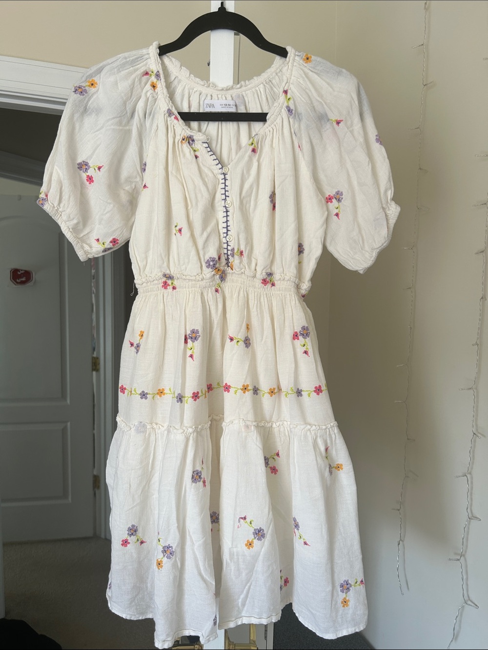 Zara Cream Midi Dress with Multicolor Floral Embroidery